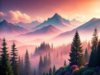 Pastel Pink Minimalist Mountain Landscape with Pine Trees - Surreal Dreamy Stock Photo