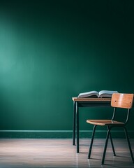 A minimalist study setup featuring a wooden desk with an open book and a simple chair against a dark green wall.