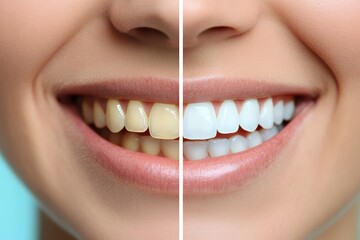 Before and after dental whitening transformation  a side by side contrast of teeth shades