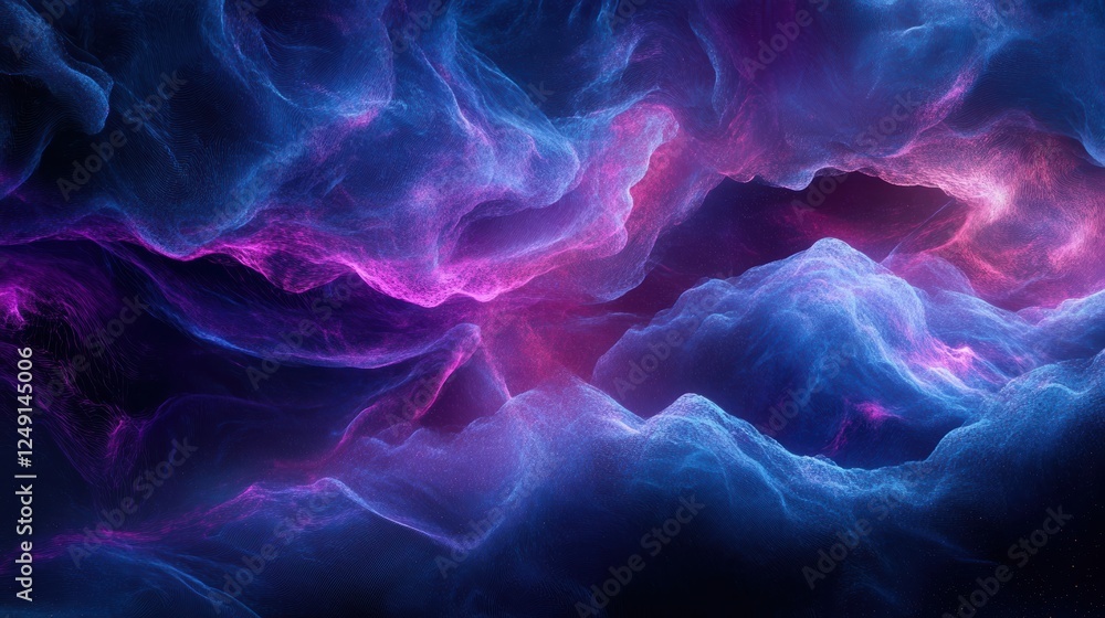 Poster glowing particles waving on dark blue and purple background creating a digital abstract landscape