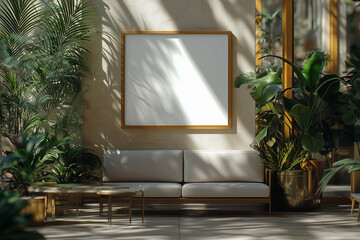 A portrait oriented white poster with a natural wood frame, placed near a mall entrance fountain, reflecting light, soft focus, 8k, serene