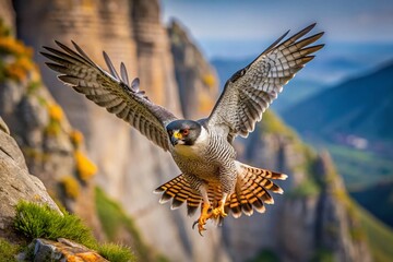 Obraz premium Peregrine Falcon Hunting: Majestic Raptor with Prey in Dramatic Landscape