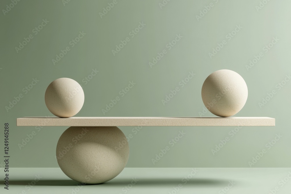 Aufkleber minimalist 3d render of geometric shapes balancing on a scale against a neutral green background