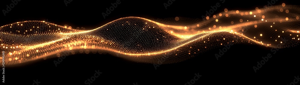 Poster a shimmering, wavy line of golden particles glows against a dark background, creating a dynamic, eth