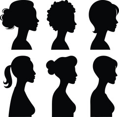Woman cameo silhouette collection . Face and body portrait of beautiful girl with  hairstyle. Female head silhouette with white background. 