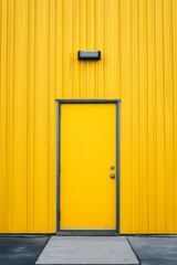 A striking industrial structure features flat, symmetrical yellow metal walls and a single, framed door. Natural light enhances the clean lines and modern aesthetic, creating a captivating visual