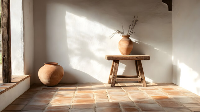 Spanish-style minimal room with terracotta tiles, white walls, and a simple wooden table with a ceramic vase 