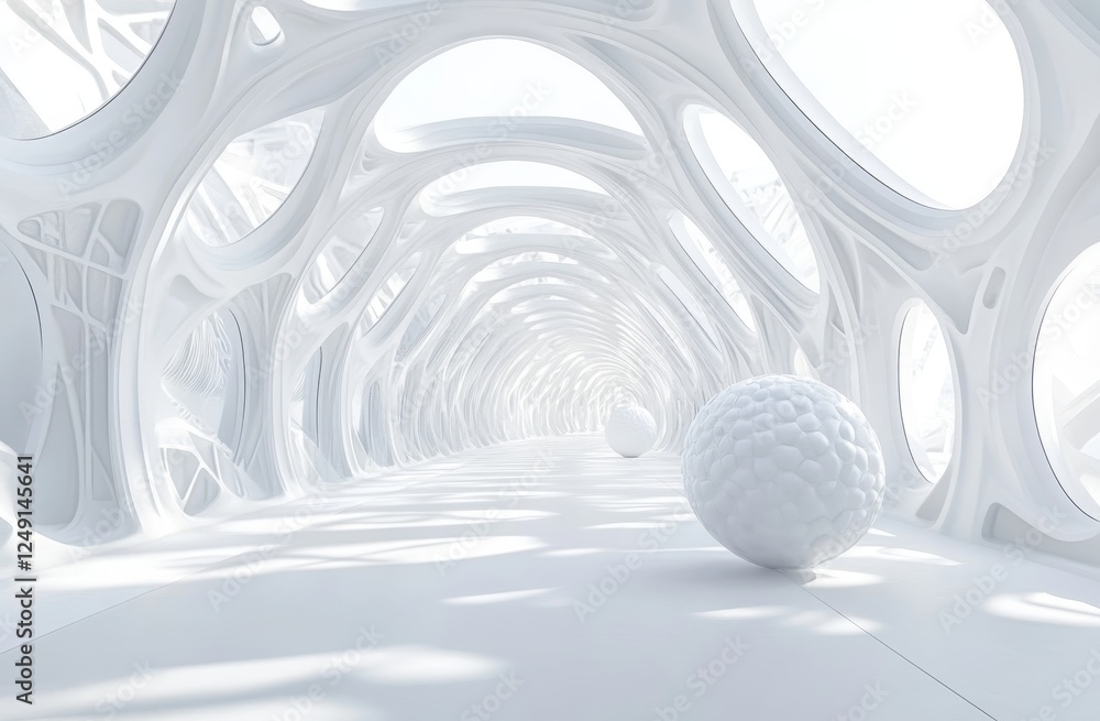 Poster floating white spheres in a modern architectural tunnel with a clean background in 3d render