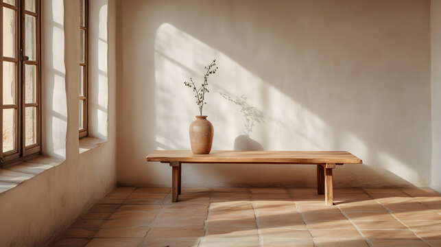 Spanish-style minimal room with terracotta tiles, white walls, and a simple wooden table with a ceramic vase 