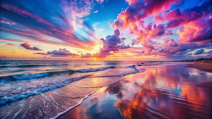 Pink and Blue Sunset over Calm Sea Beach - Breathtaking Coastal Landscape