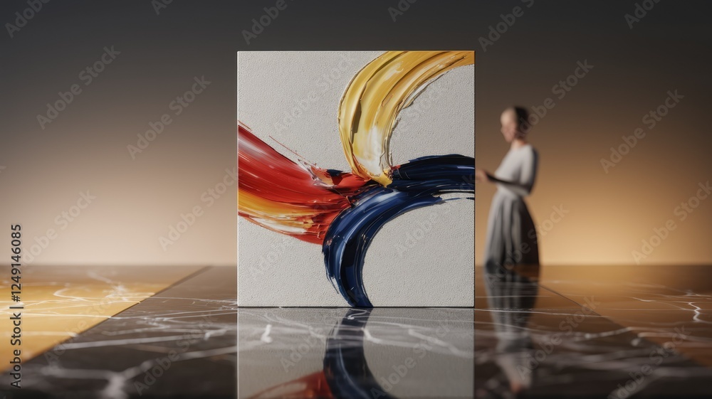 Poster abstract painting with dynamic swirls of red, yellow, and blue on a light gray canvas.
