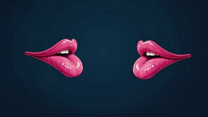 Two glossy pink lips float against a textured background of muted blues and grays, creating a striking contrast. The surreal composition evokes a sense of whimsy and modern art