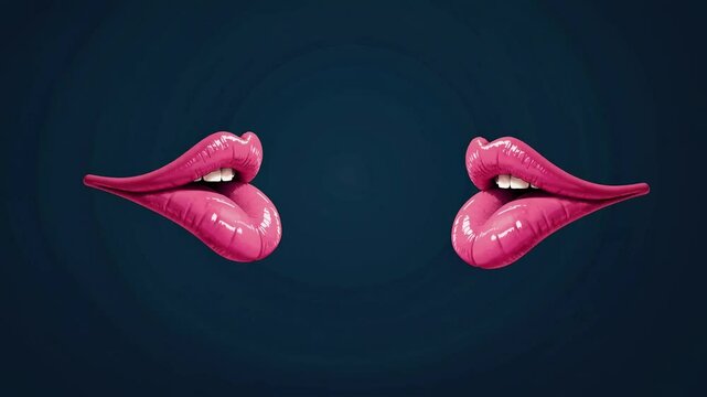 Two glossy pink lips float against a textured background of muted blues and grays, creating a striking contrast. The surreal composition evokes a sense of whimsy and modern art