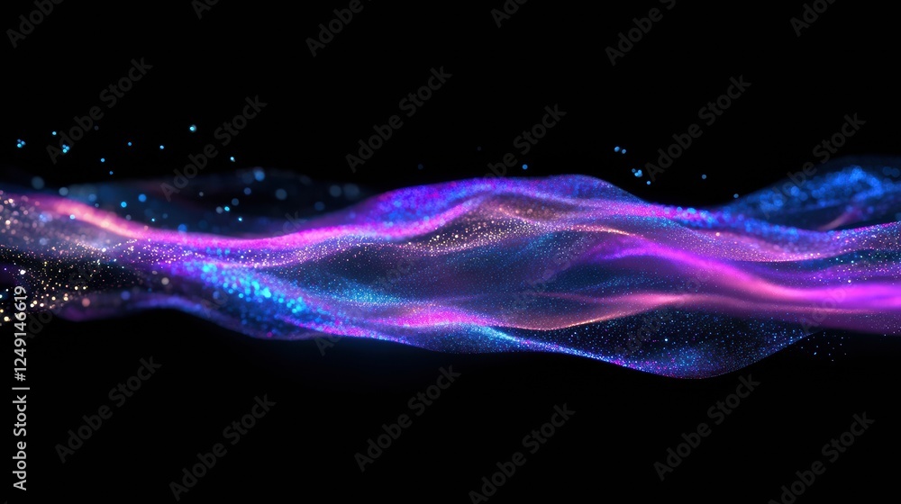 Poster glowing particles forming a colorful wave on black background