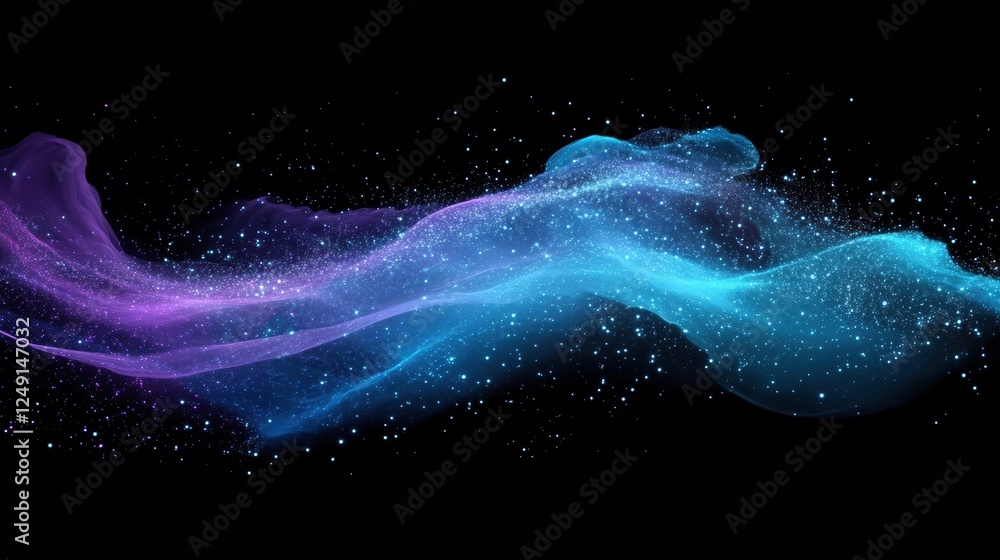 Poster glowing particles forming a colorful wave in digital design