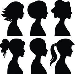 Set of 6 leady face cameo silhouette vector. Female face, head and hair side view art collection for ornaments, prints,  stone, shell, metal, or ceramic. Silhouette cameo pattern and background.
