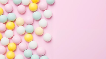 Obraz premium Playful pastel-colored round candies on a pink background with soft lighting