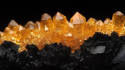 Golden crystals cluster on dark rock.