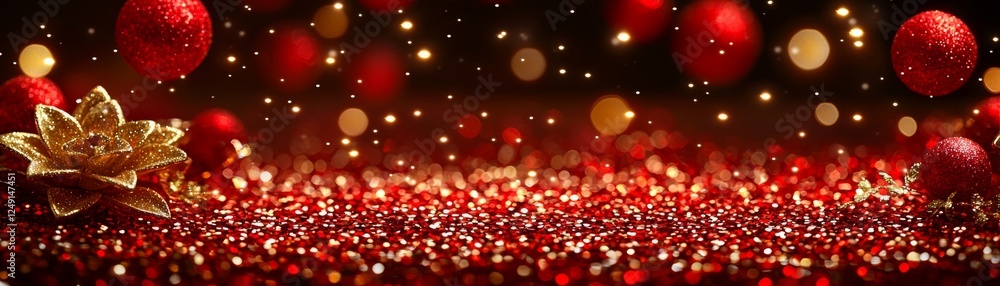 Poster a sparkling display of red ornaments and shimmering lights, creating a festive atmosphere filled wit