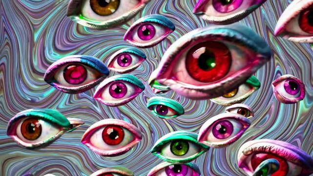 Many colorful, psychedelic, and hypnotic open eyes are floating against a wavy and distorted background, creating a surreal and dreamlike atmosphere
