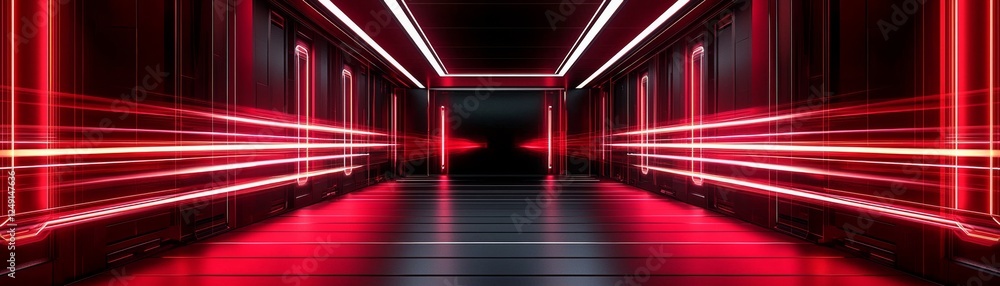 Poster a futuristic corridor illuminated by vibrant red lights, creating a sleek, modern atmosphere with dy