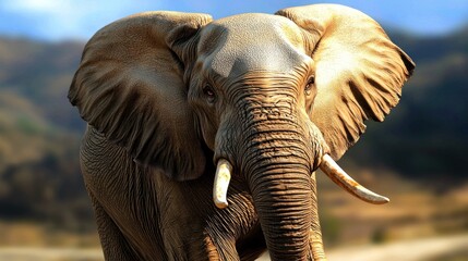 Fototapeta premium Majestic elephant roaming freely in a vibrant savannah landscape under a clear blue sky