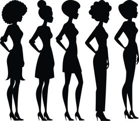 Set of female cameo silhouette with full and half body collection. Side view woman or leady face and body shape. Fashionable female model black cameo silhouette art illustration.
