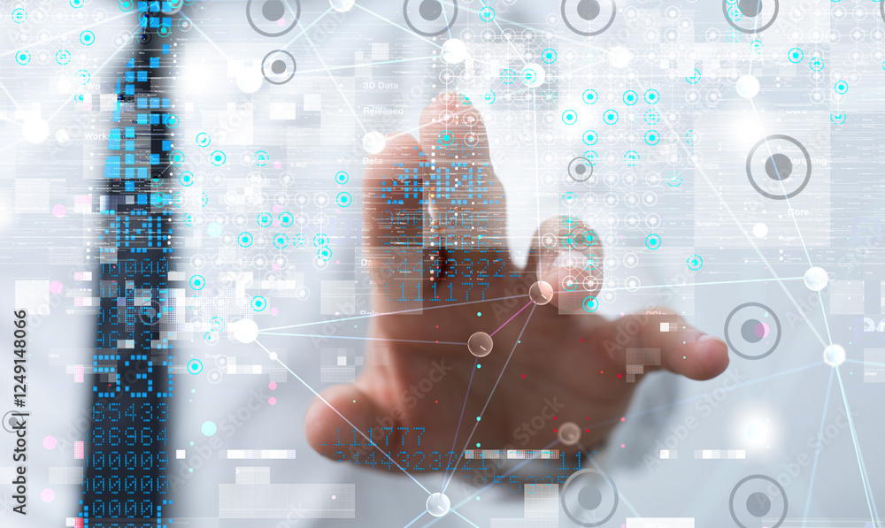 Poster Neural network 3D illustration. Big data and cybersecurity