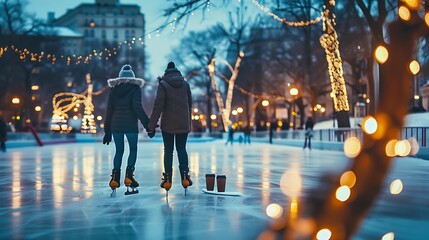 Friends ice skating hand in hand on a frozen pond in a city park, with festive lights twinkling and hot cocoa waiting nearby.