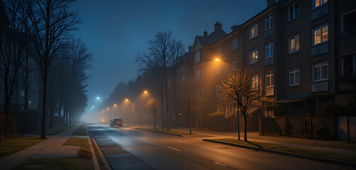 Obraz premium A quiet residential street at night, lined with modern apartments. Some windows are lit with a warm glow, while others remain dark. A soft mist covers the street, and a few streetlights cast long.