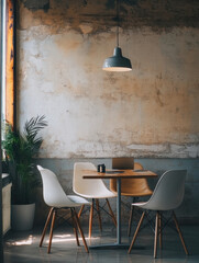 cozy dining area featuring wooden table surrounded by modern chairs, with potted plant and pendant light illuminating space. textured wall adds character