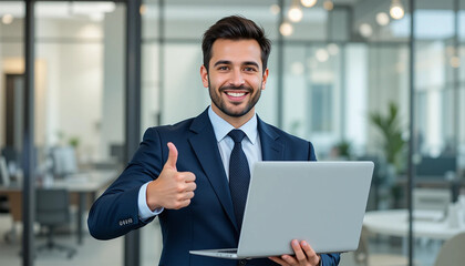 Fototapeta premium Confident Businessman in Blue Suit Holding Laptop, Giving Thumbs-Up in Modern Office with Natural Lighting