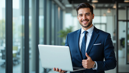 Fototapeta premium Confident Businessman in Blue Suit Holding Laptop, Giving Thumbs-Up in Modern Office with Natural Lighting