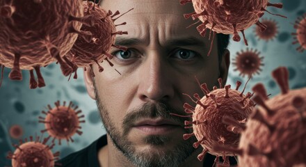 Man's face covered obstructed and surrounded by Germs and Sickness, expressive illness health concept
