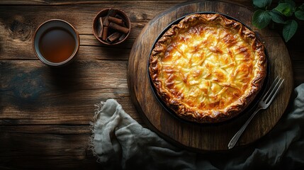 Golden-brown apple pie on rustic wood with tea.