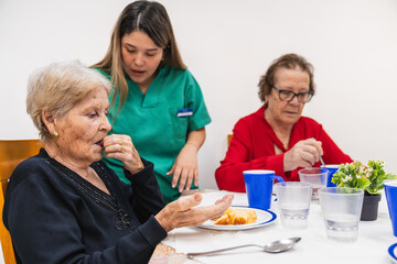 Elderly women dining with caregiver assistance