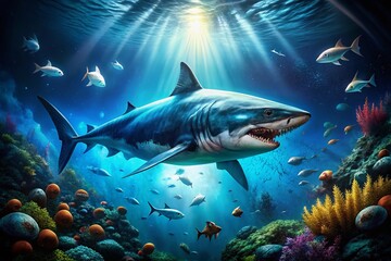 Naklejka premium Prehistoric Megalodon Shark in Deep Ocean Abyss - Surreal Underwater Scene