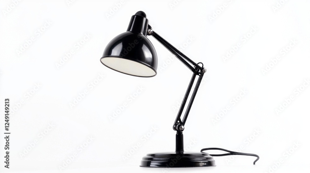 Poster a sleek black desk lamp stands alone, its curved shade reflecting light softly. ideal for illuminati