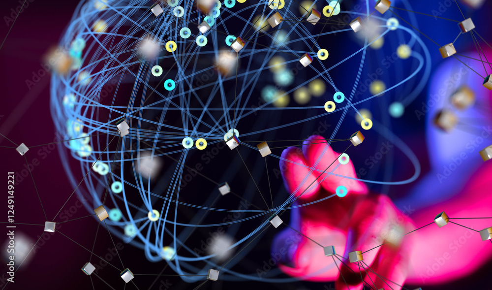 Poster global network. blockchain. 3d illustration. neural networks and artificial intelligence. abstract