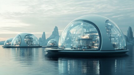 Futuristic domes on serene water surrounded by rocky formations at dawn