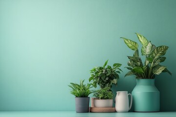 Fototapeta premium A Calming Display Of Indoor Plants Against A Mint Green Wall, Creating A Fresh And Vibrant Atmosphere For Home Decor.
