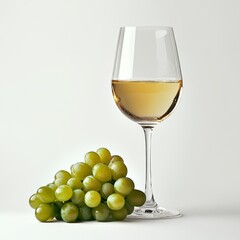 Elegant glass of white wine beside fresh green grapes on a simple background