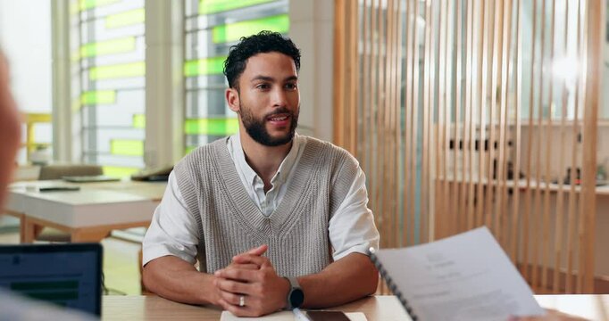 Meeting, job interview and business people with candidate in office for recruitment process. Discussion, document and acquisition specialists with applicant for resume review in hiring evaluation.