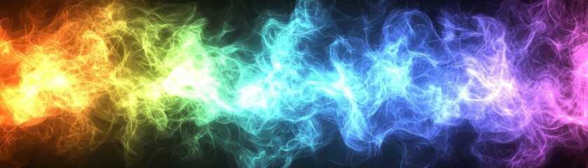 A vibrant, swirling gradient of colors ranging from orange to purple, resembling ethereal smoke or light waves against a dark background.