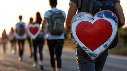 Group of people walking along a road at sunset, carrying heart-shaped signs symbolizing love