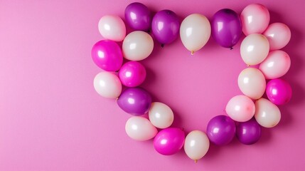 Colorful Heart Shaped Balloon Arrangement on Pink Background