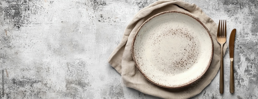 Poster rustic table setting with empty plate and cutlery on beige linen napkin against weathered gray backg