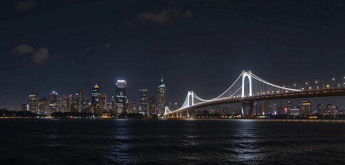 Fototapeta premium A panoramic night view of Mumbai’s skyline with illuminated skyscrapers. The Bandra-Worli Sea Link stretches across the Arabian Sea, glowing with white lights, while reflections shimmer on the water.