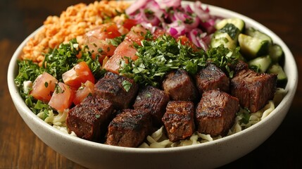 Grilled beef cubes, lentils, noodles, tomatoes, zucchini, red onion, and parsley in a bowl.