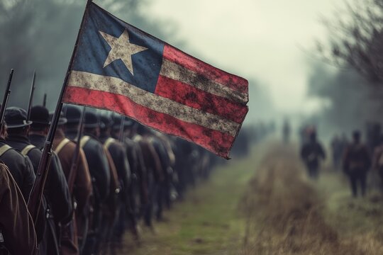 Historic Reenactment Of A Soldier'S March With A Worn Flag, Evoking A Sense Of Unity And Nostalgia In A Foggy Landscape.